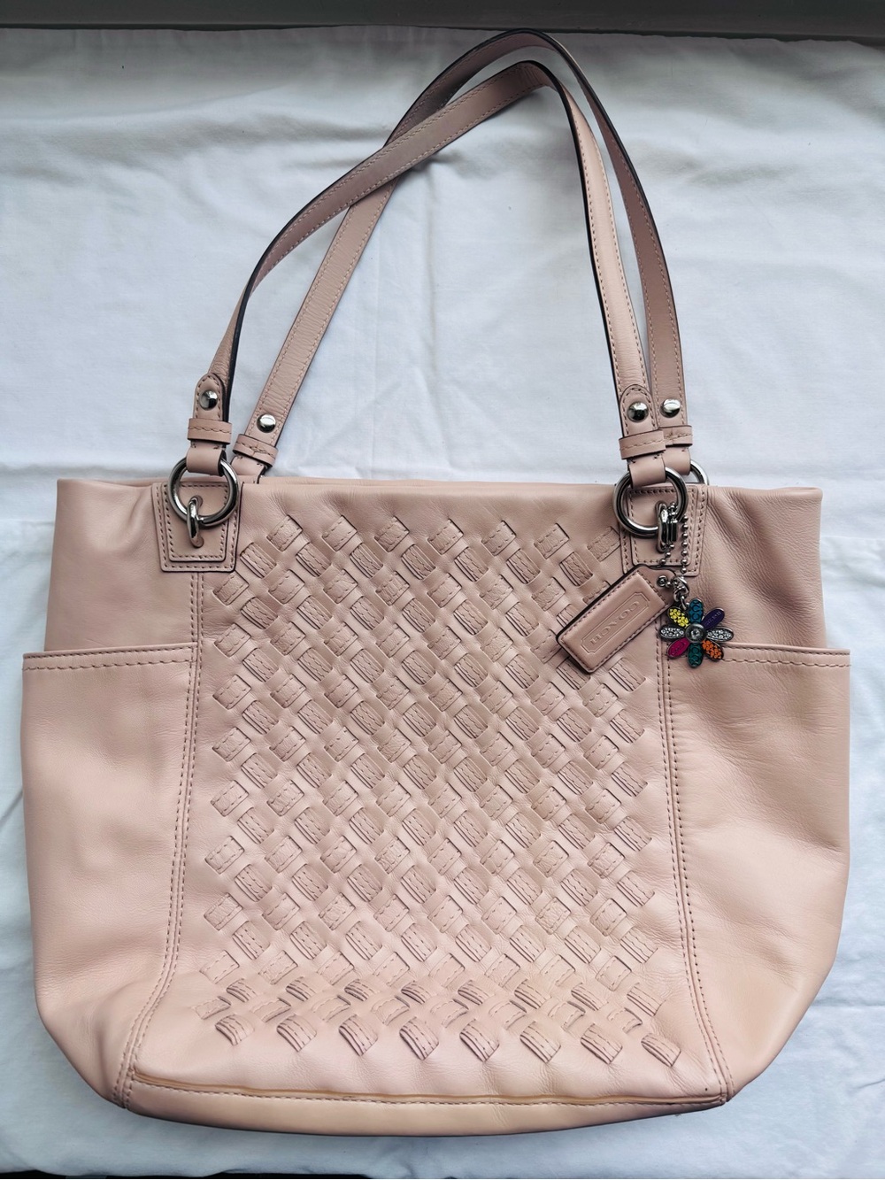 Coach Blush Pink Woven Leather Tote with Charm